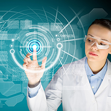 Image of young woman scientist touching icon of media screen